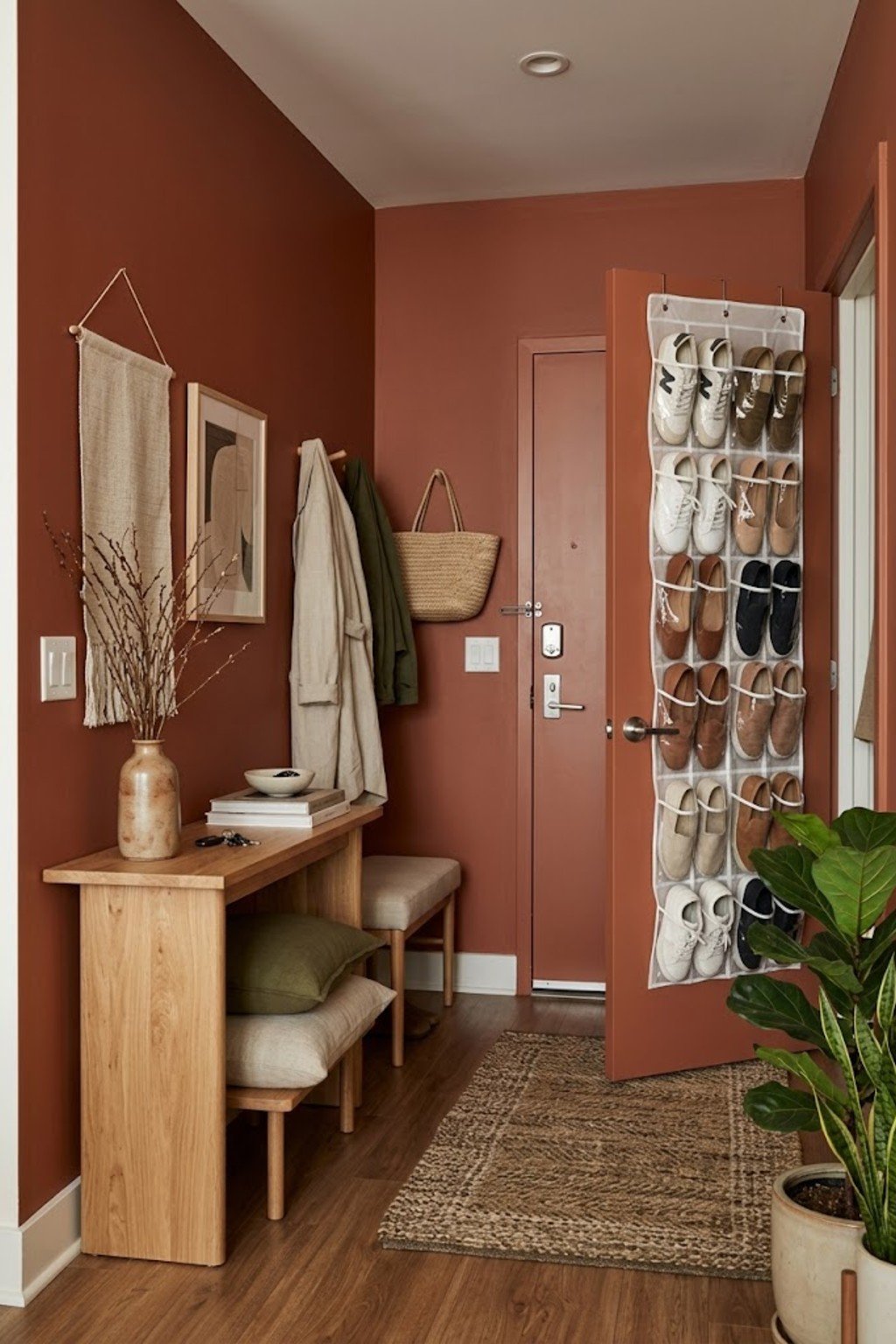 Add an over-the-door shoe organizer in a small apartment entryway
