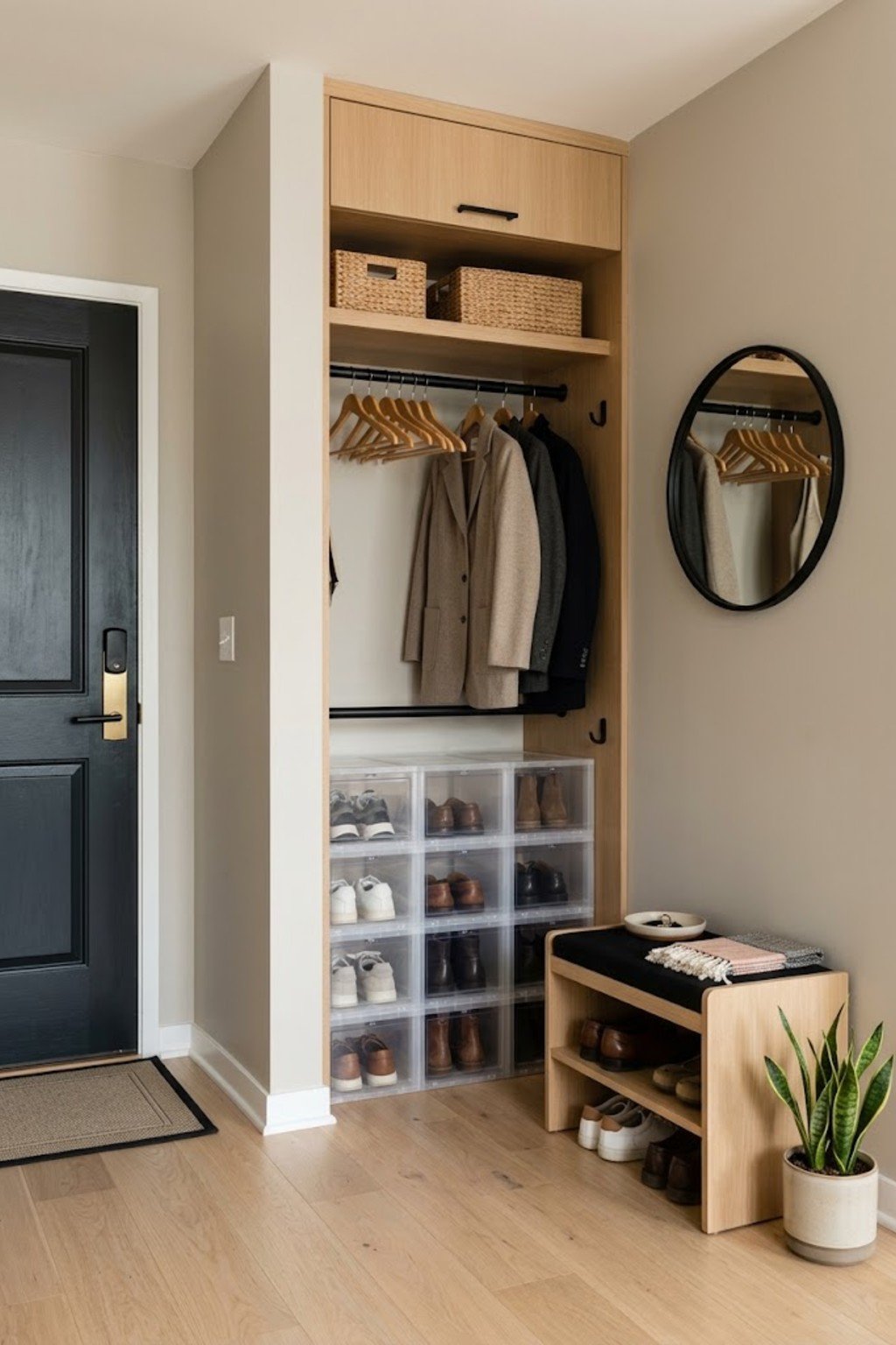 Use stackable shoe boxes in a small apartment entryway