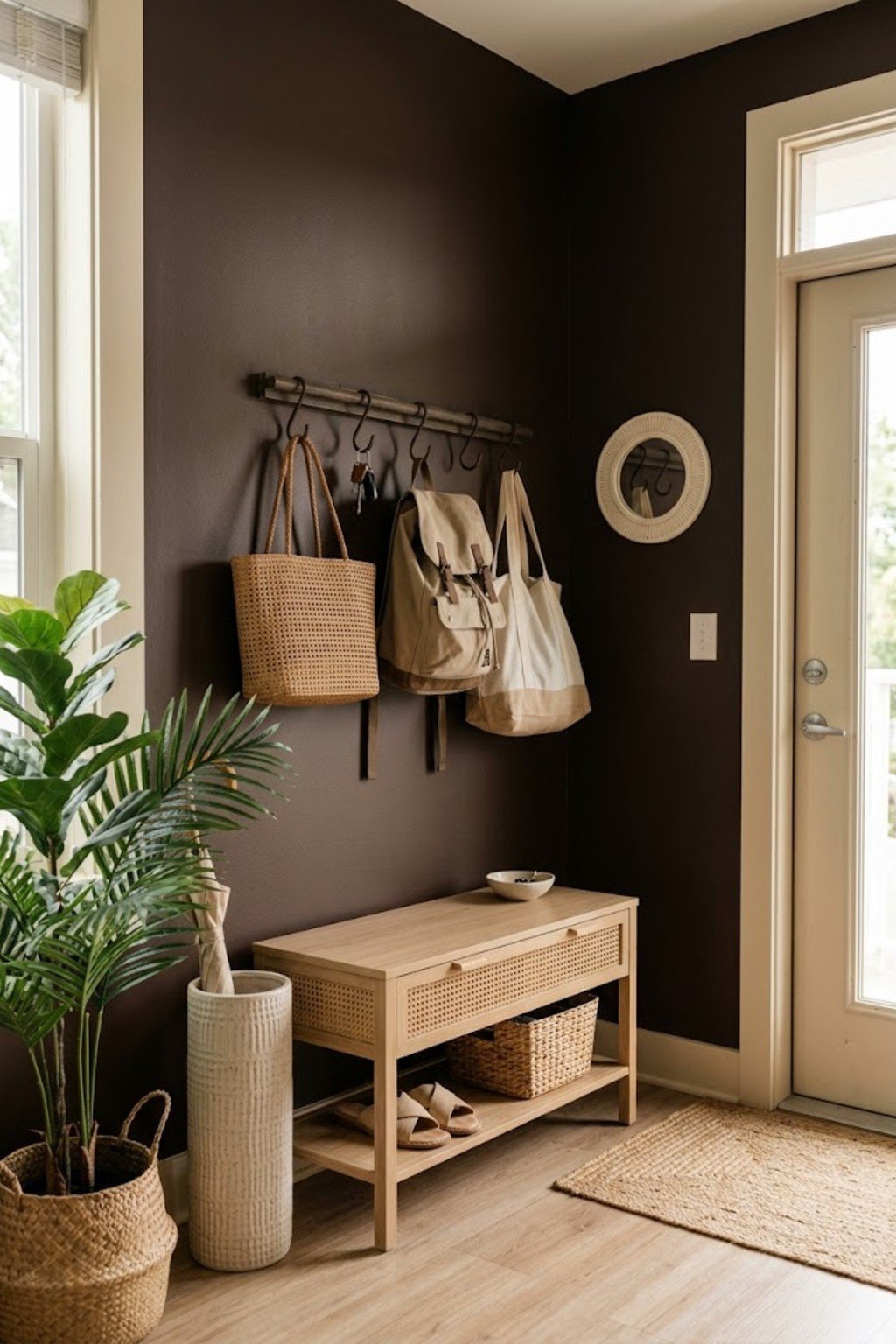 Store bags on a wall rail in a small apartment entryway