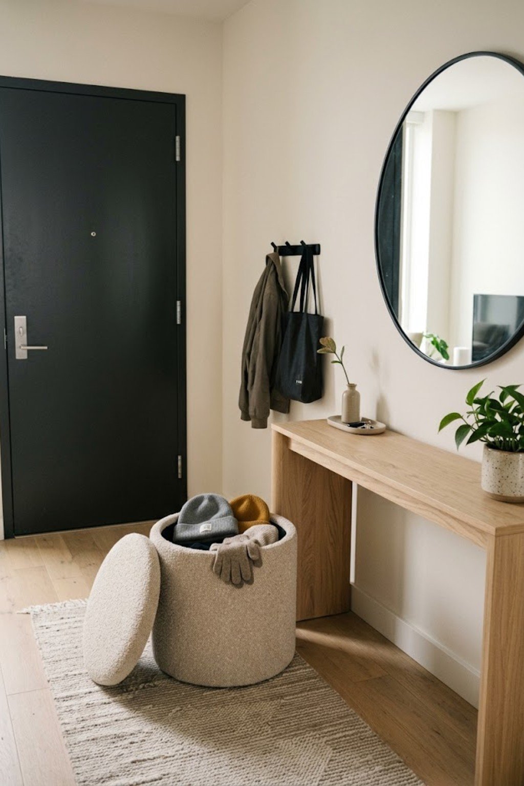 Use a storage ottoman in a small apartment entryway