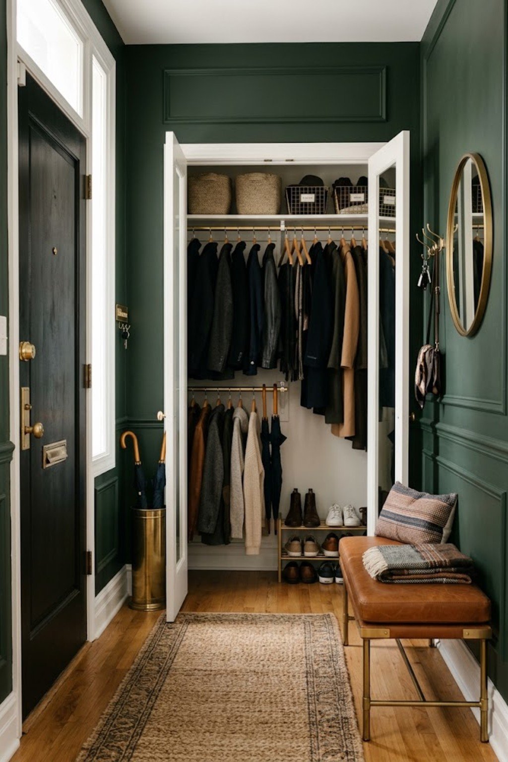 Add a closet door rack in a small apartment entryway