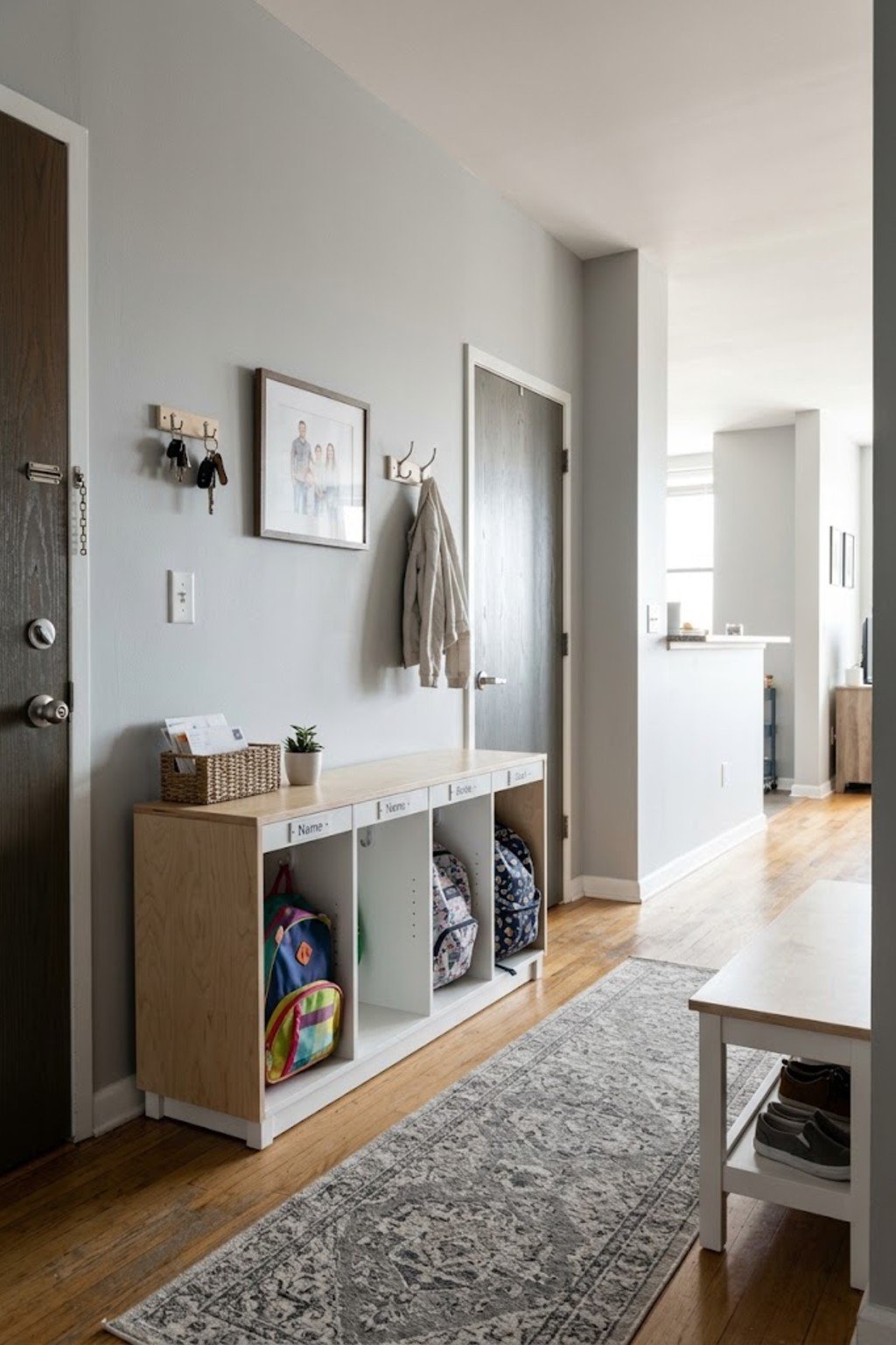 Use wall cubbies for kids in a small apartment entryway