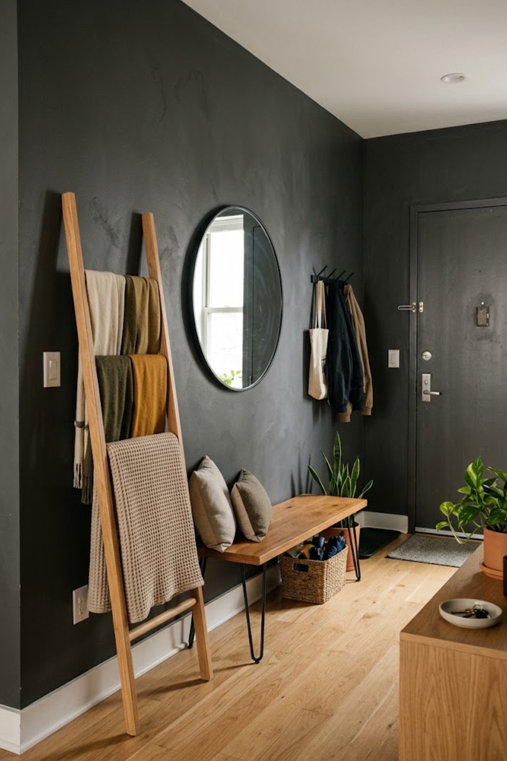 Try a ladder rack for scarves in a small apartment entryway