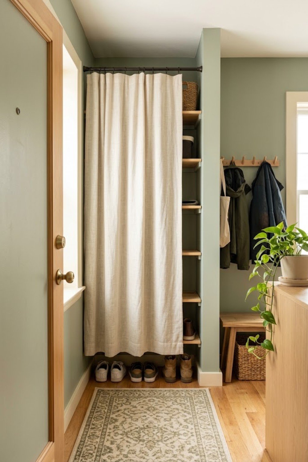 Hide clutter with a curtain in a small apartment entryway