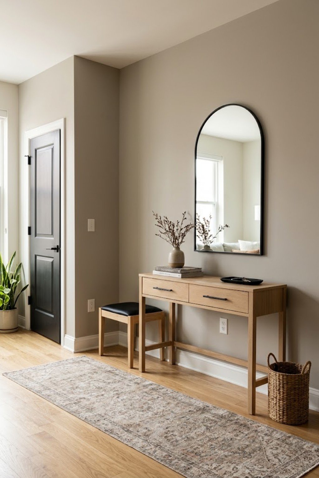 Hang an arched mirror in a small apartment entryway