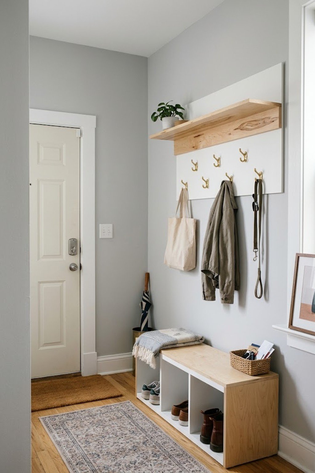 Hang decorative hooks as art in a small apartment entryway