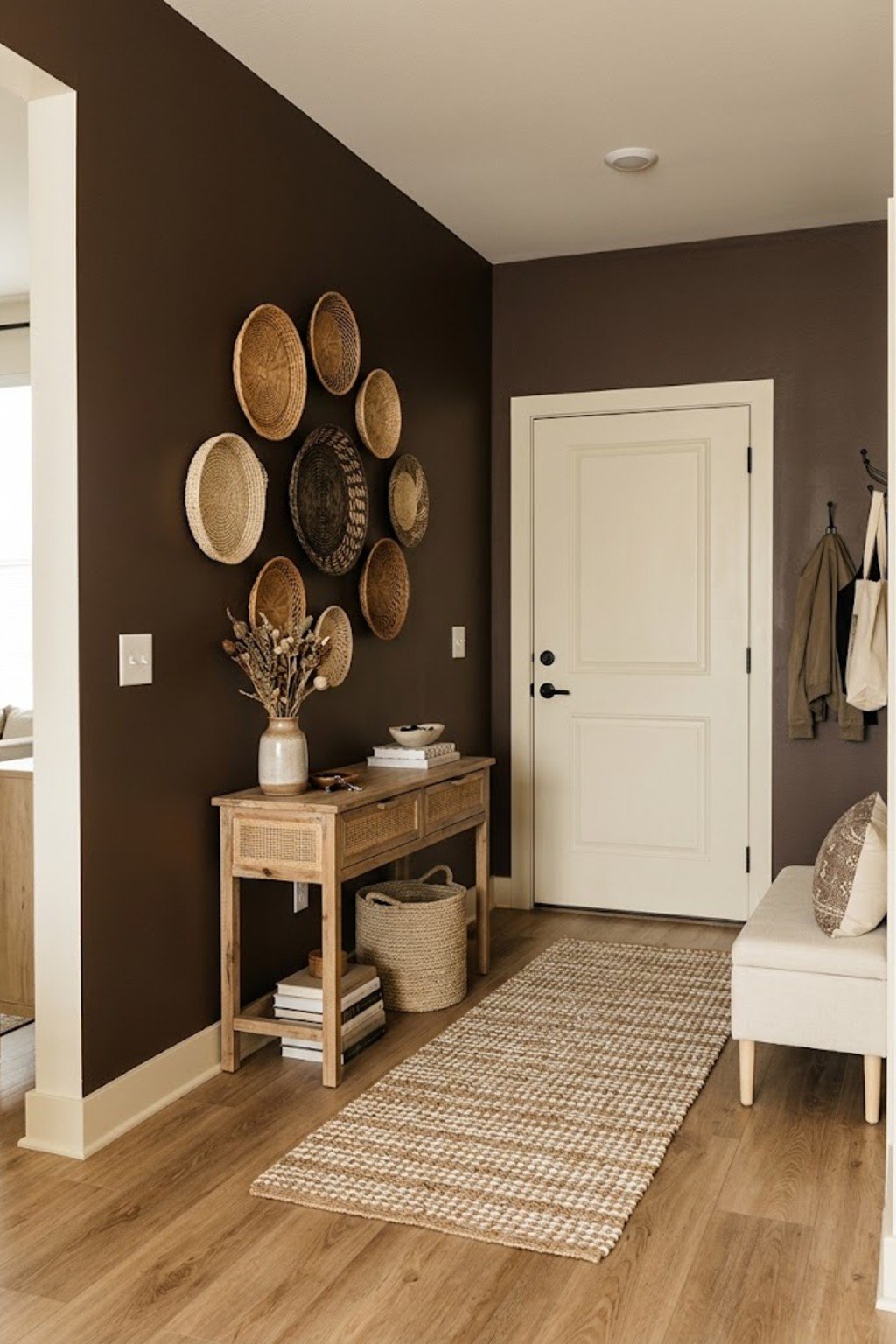 Hang a woven wall basket set in a small apartment entryway