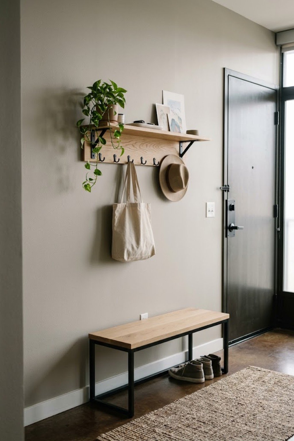 Add a wall-mounted shelf with hooks in a small apartment entryway