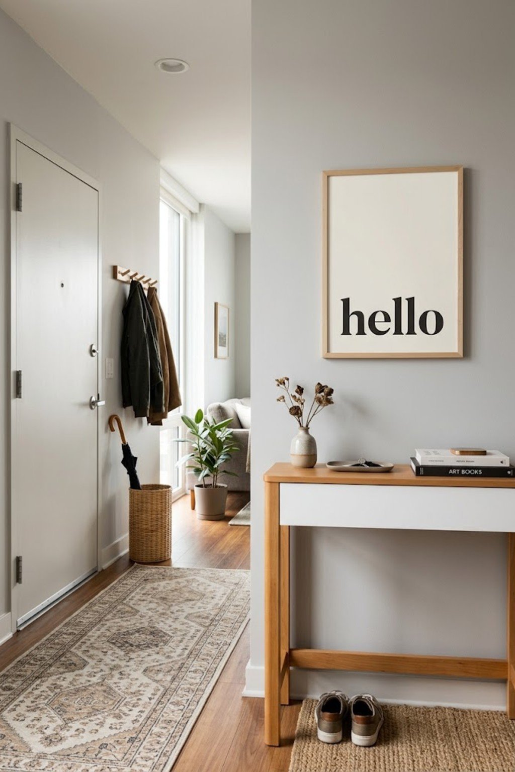 Add a welcome sign or word art in a small apartment entryway
