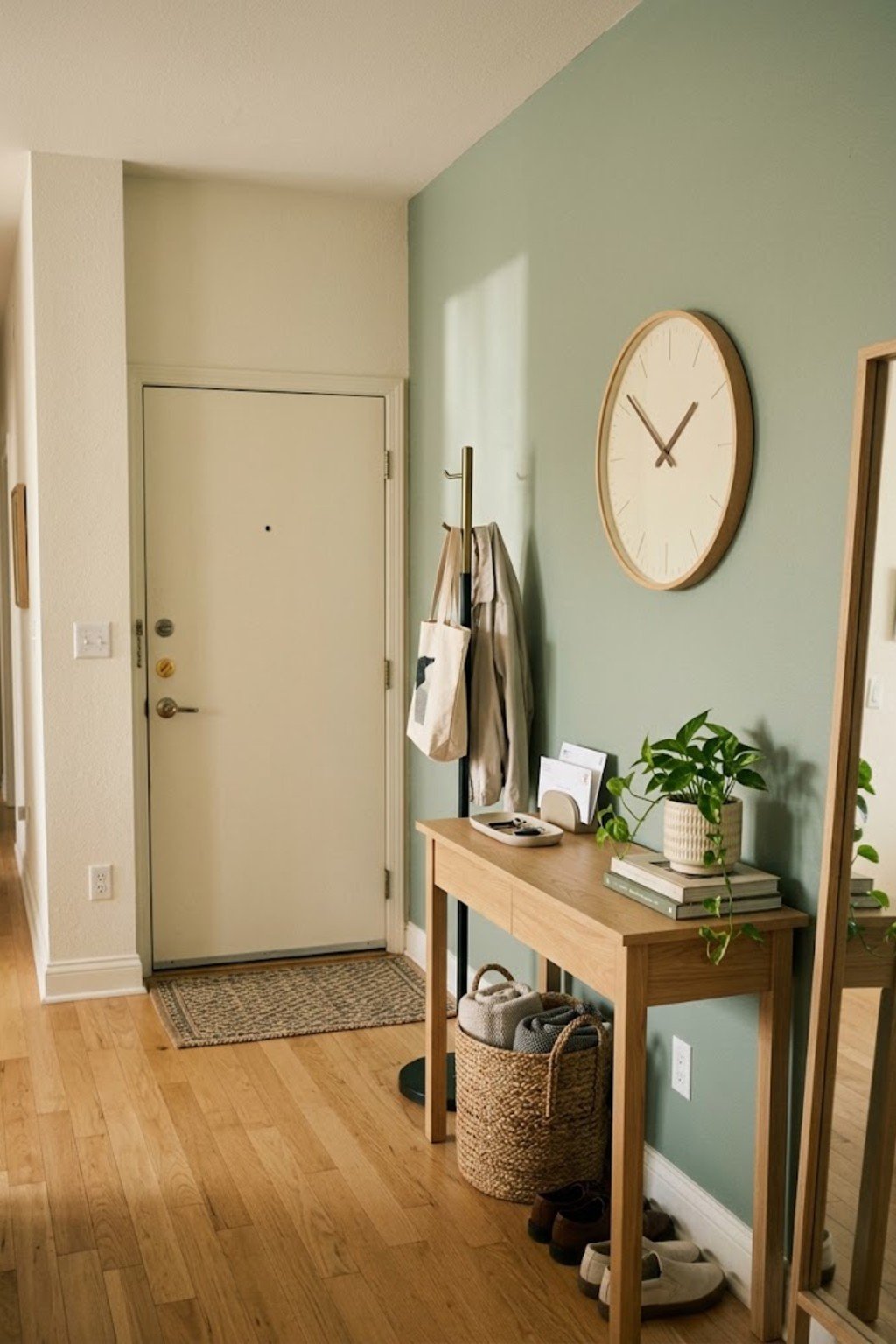 Hang a wall clock in a small apartment entryway