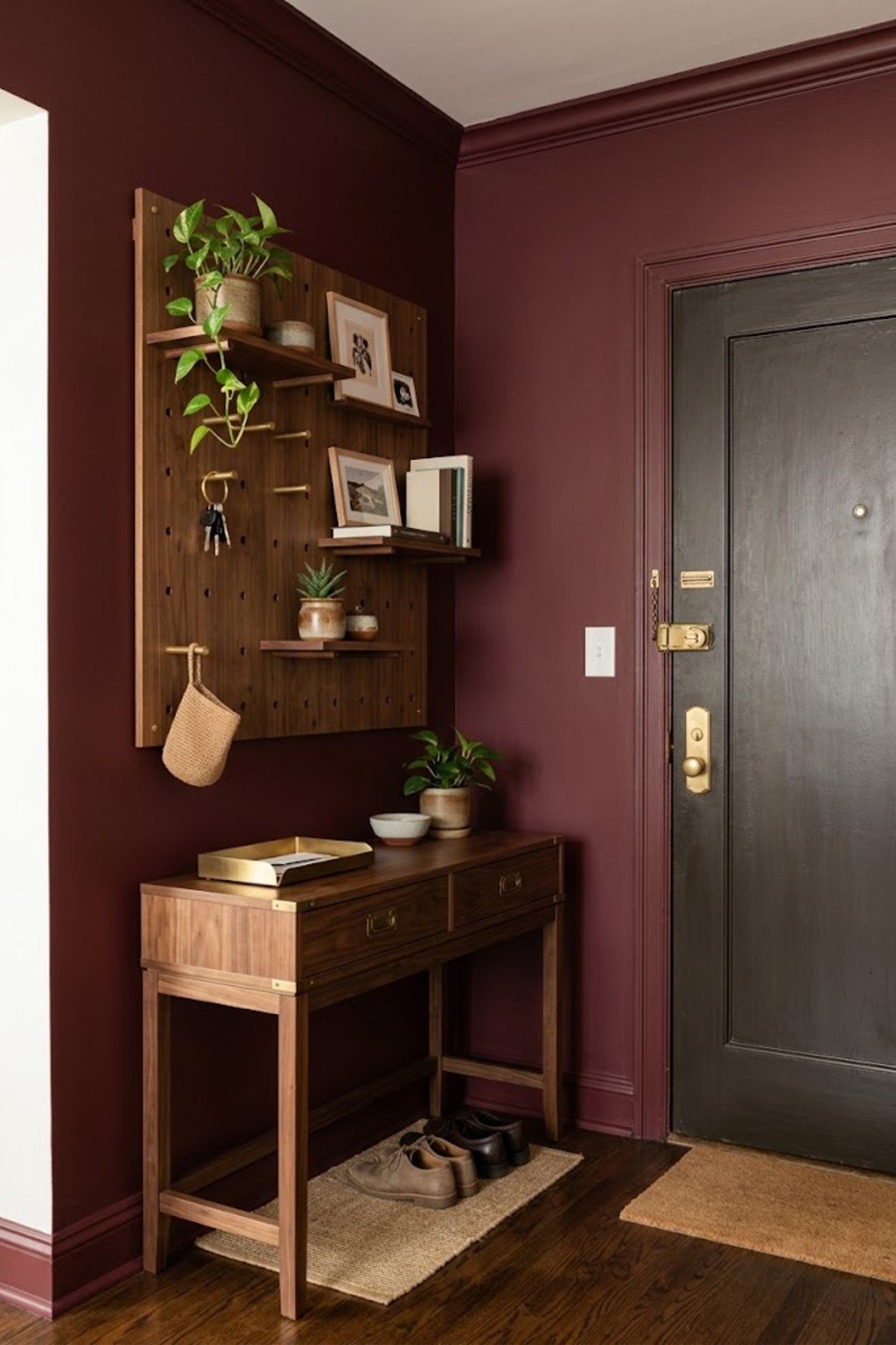 Add a pegboard decor wall in a small apartment entryway