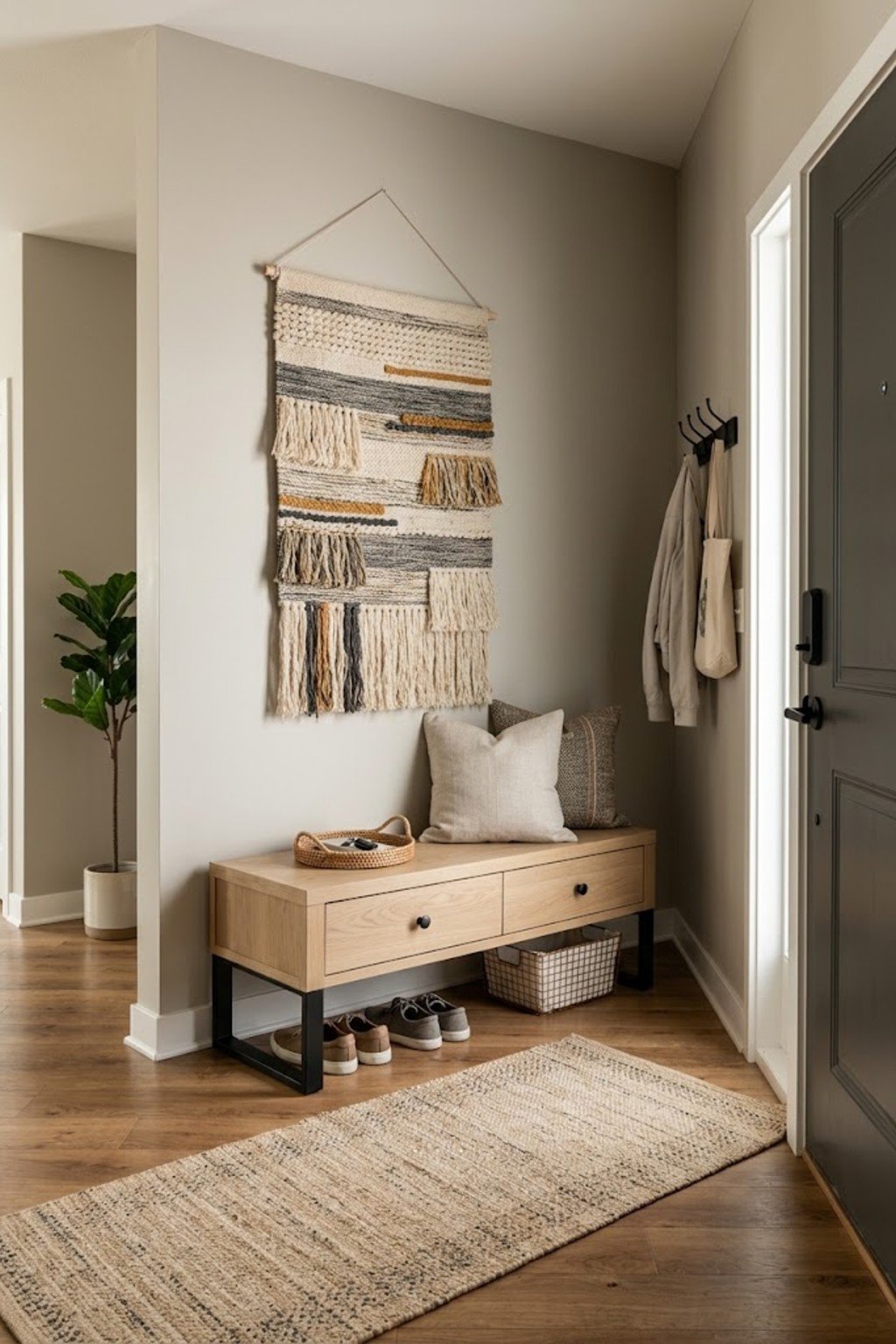 Use a textile wall hanging in a small apartment entryway