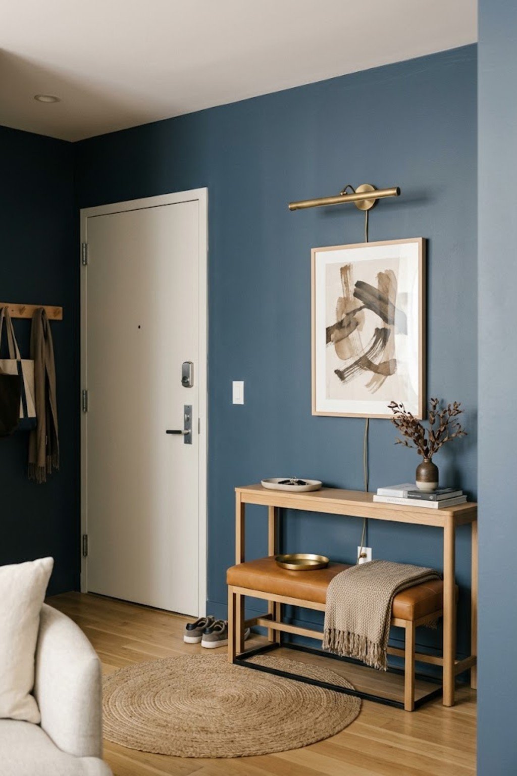 Install a plug-in picture light in a small apartment entryway
