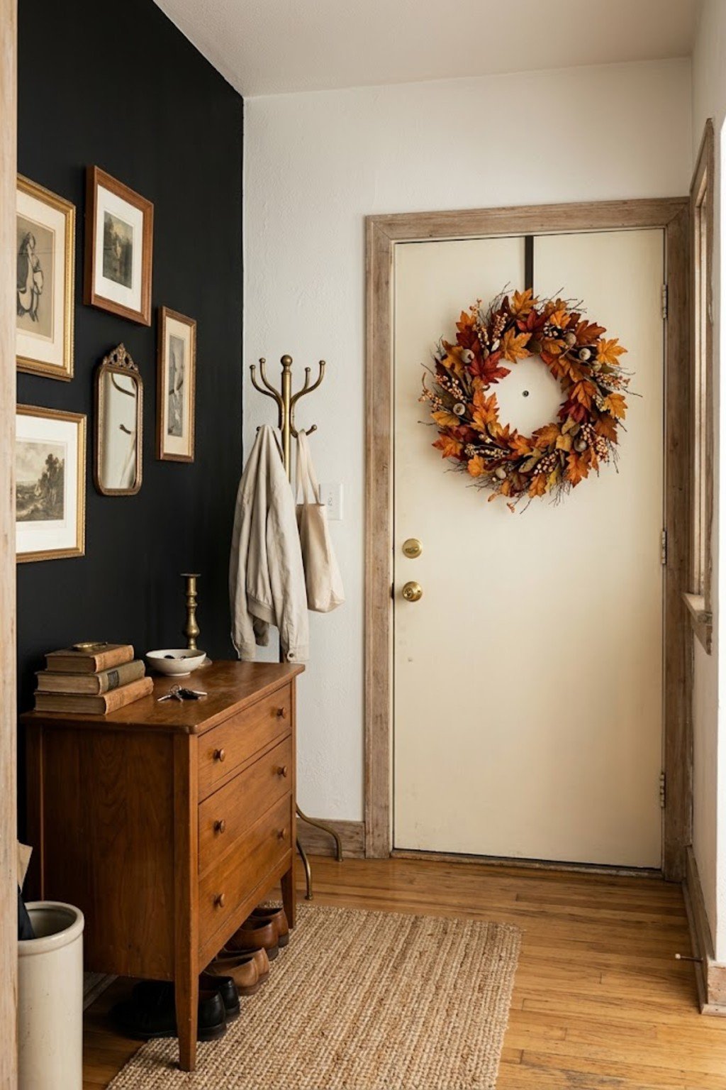 Hang a fall wreath in a small apartment entryway