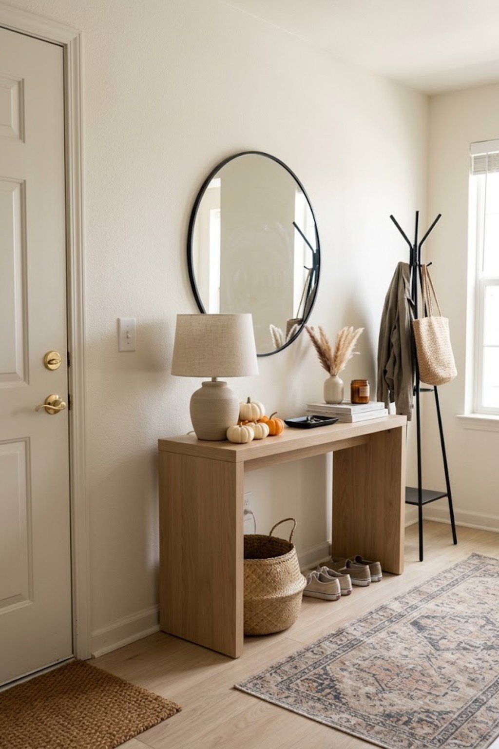 Style pumpkins on the console in a small apartment entryway