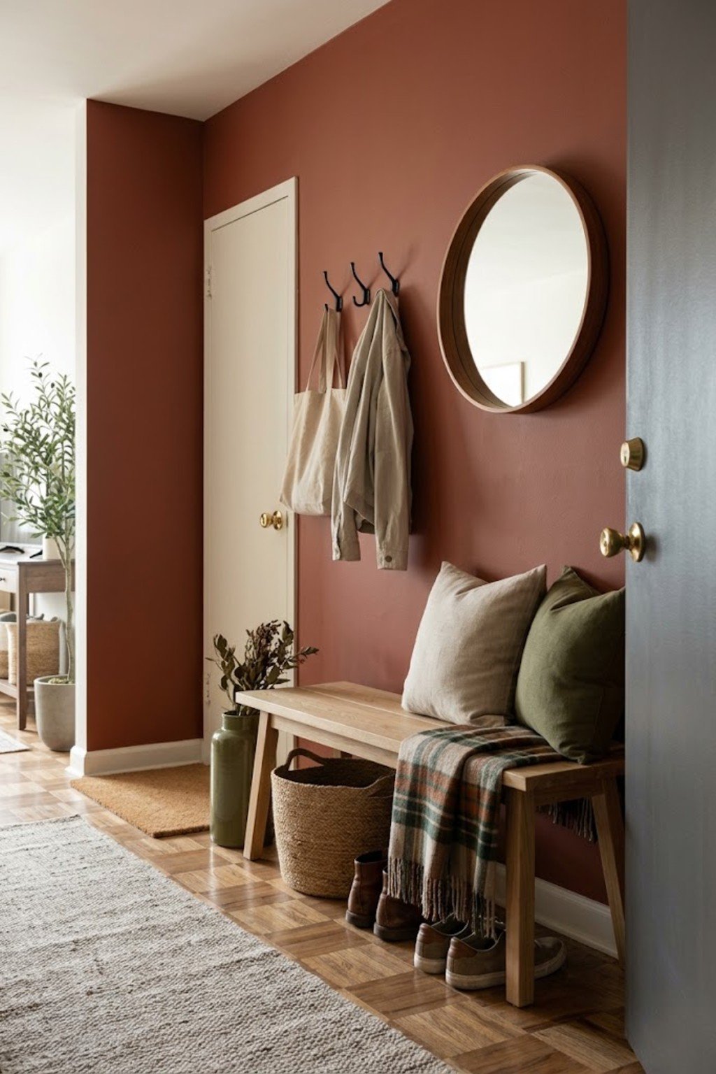 Add a plaid throw to the bench in a small apartment entryway