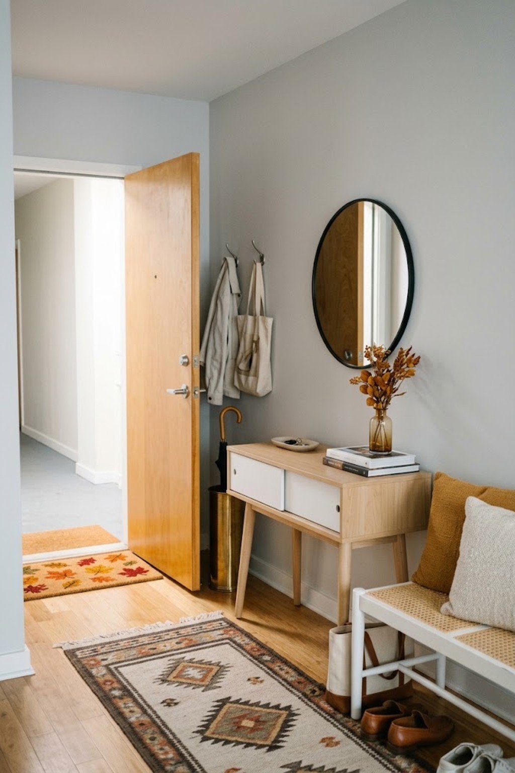 Swap to a fall doormat in a small apartment entryway