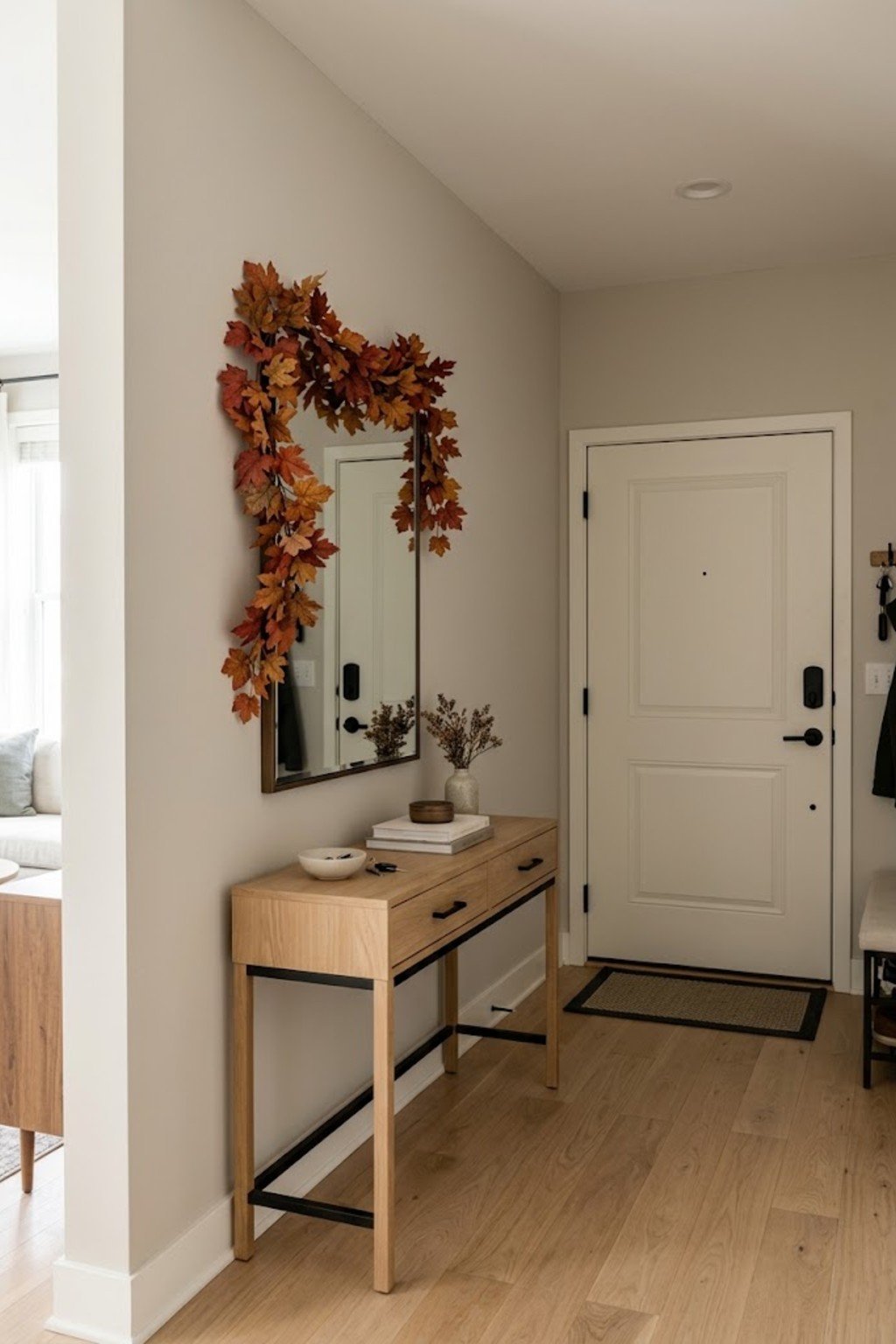 Hang a fall garland in a small apartment entryway