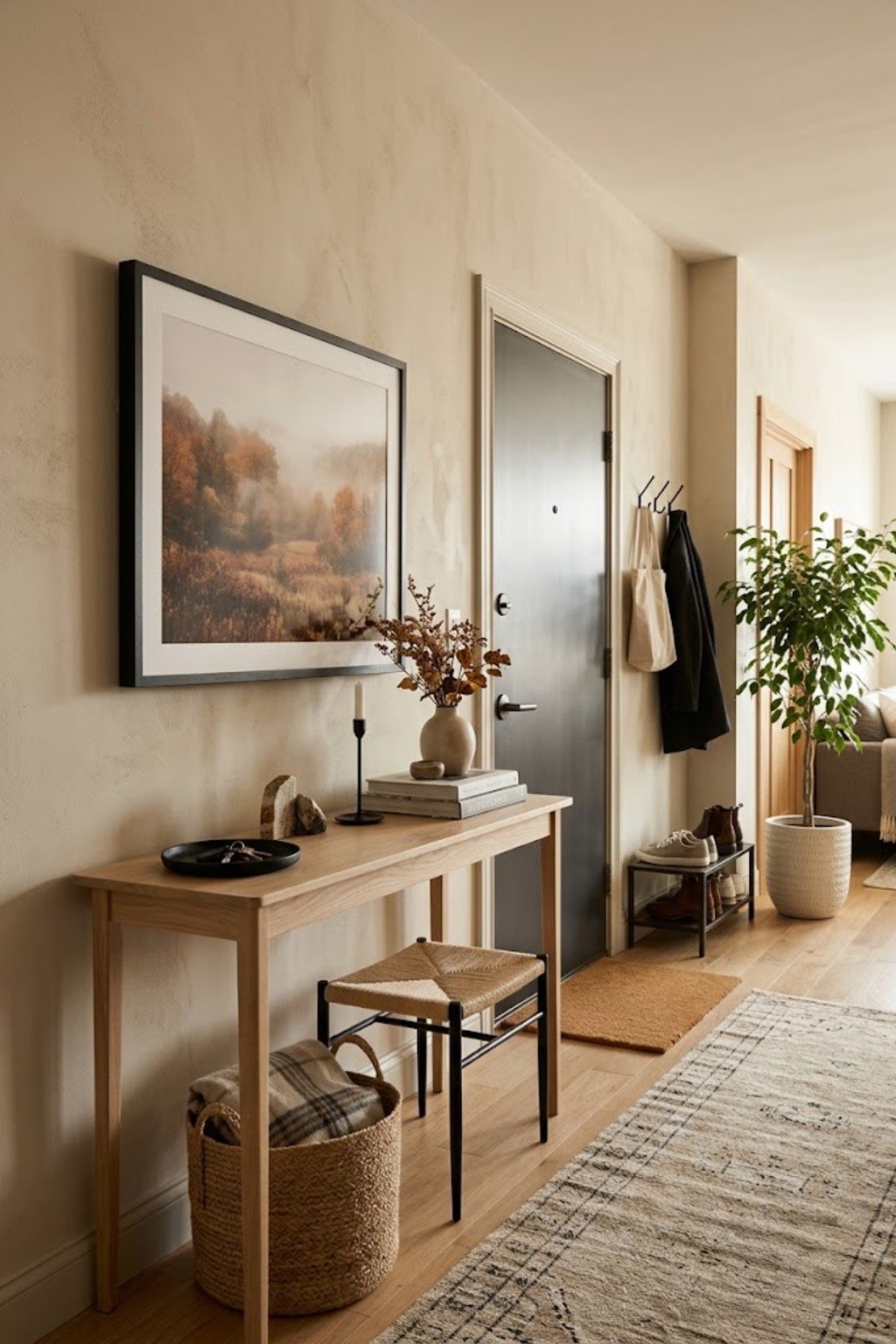 Change art to autumn prints in a small apartment entryway