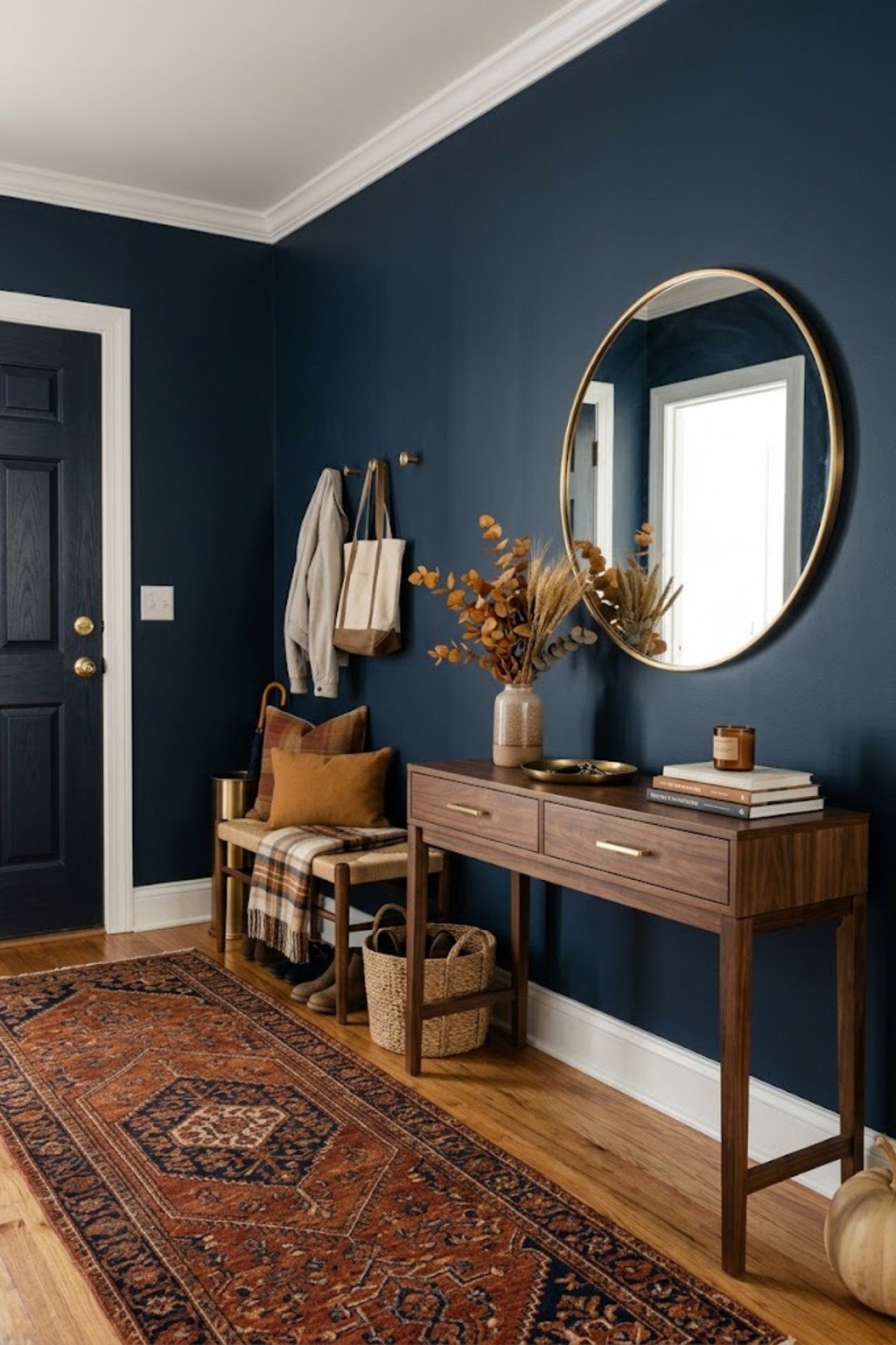 Add a cozy runner rug in a small apartment entryway