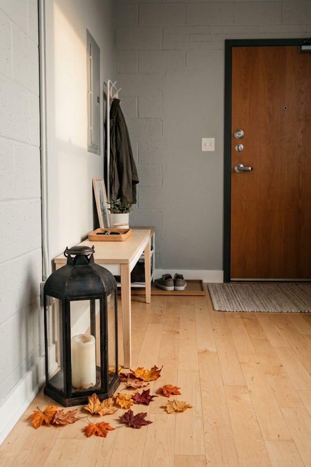 Style a fall lantern in a small apartment entryway