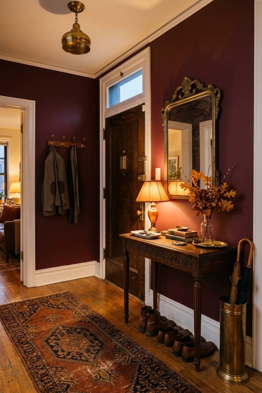 Use warm-tone bulbs in a small apartment entryway
