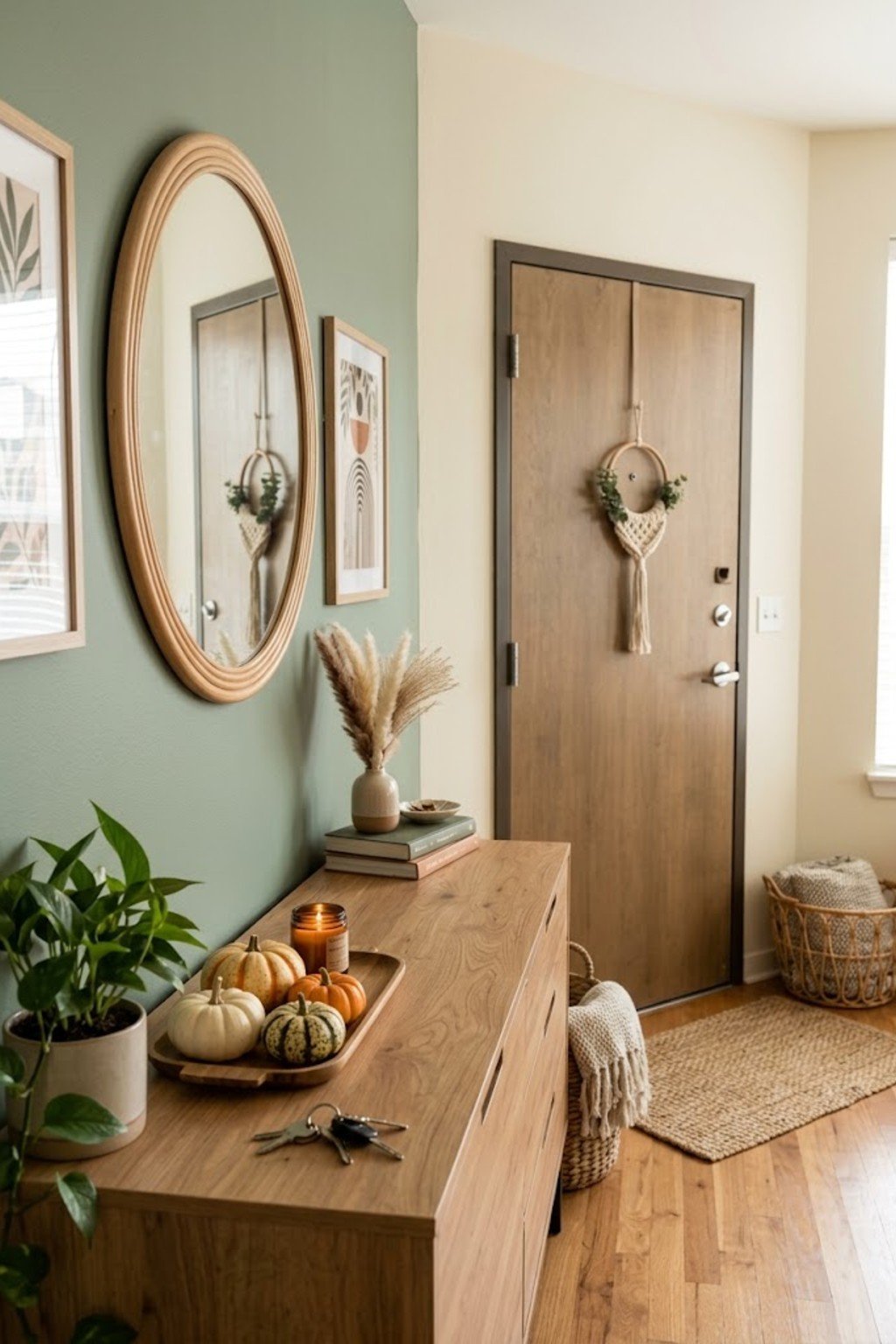 Add a seasonal tray in a small apartment entryway