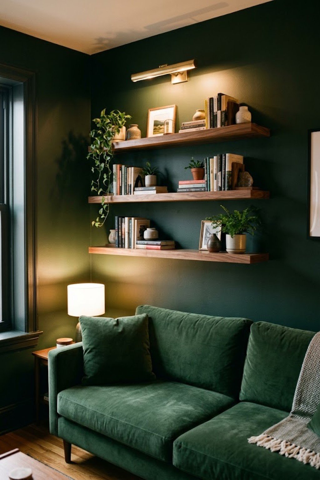 Walnut floating shelves stacked above a green sofa on a dark green wall