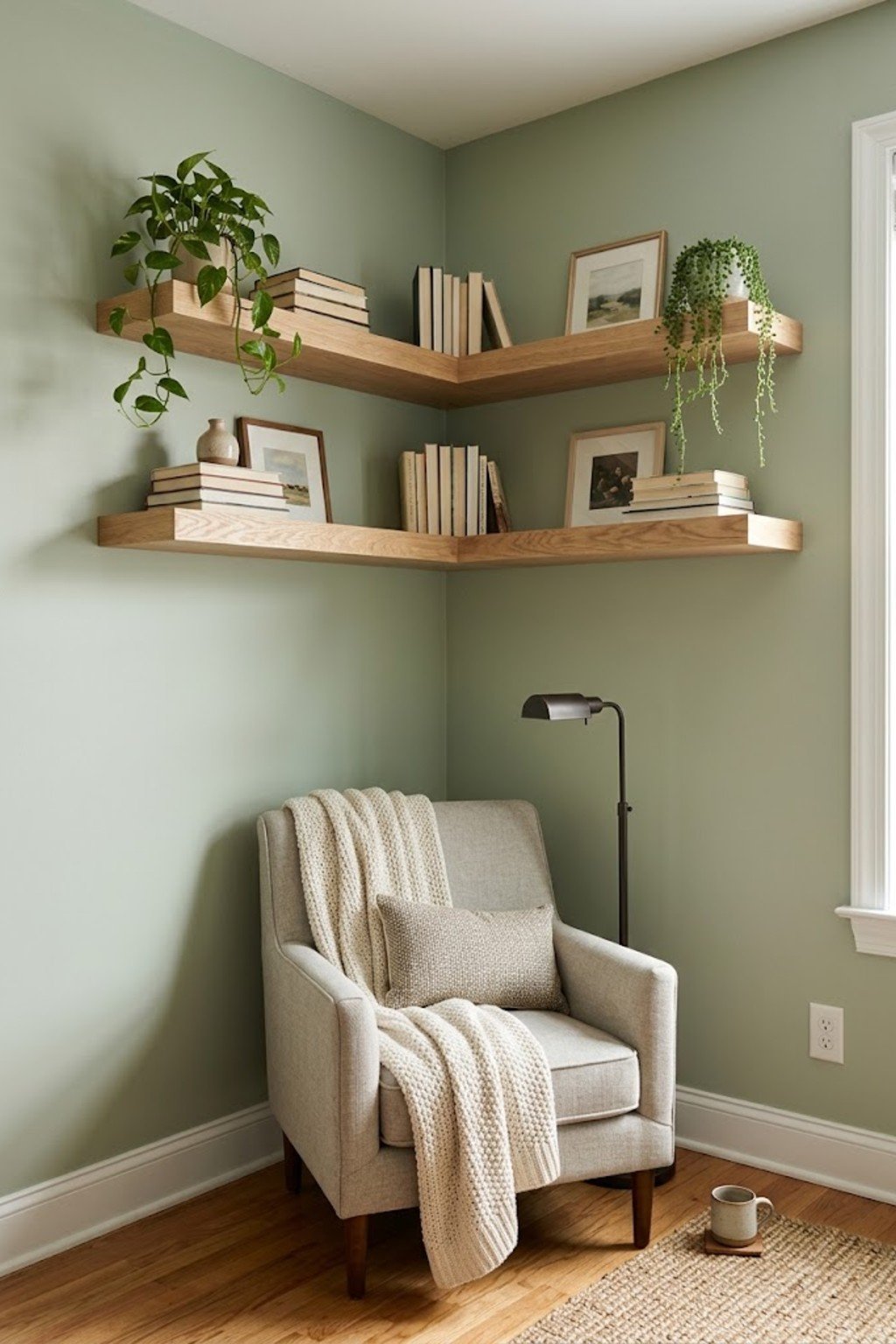 L-shaped corner floating shelves above an armchair in a sage green reading nook