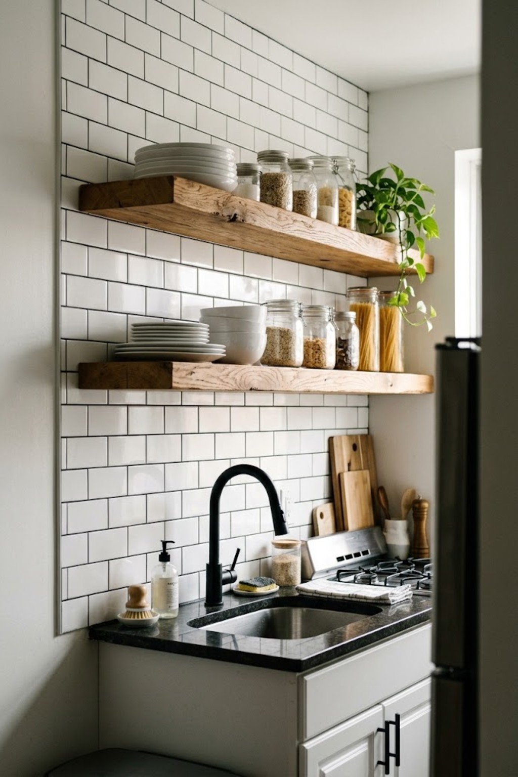 Oak open shelves with plates and jars in a small white kitchen