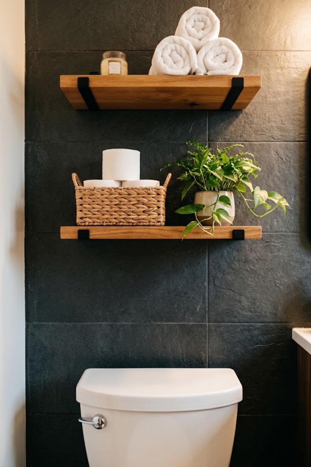 Two floating shelves holding towels above a toilet on a charcoal tile wall