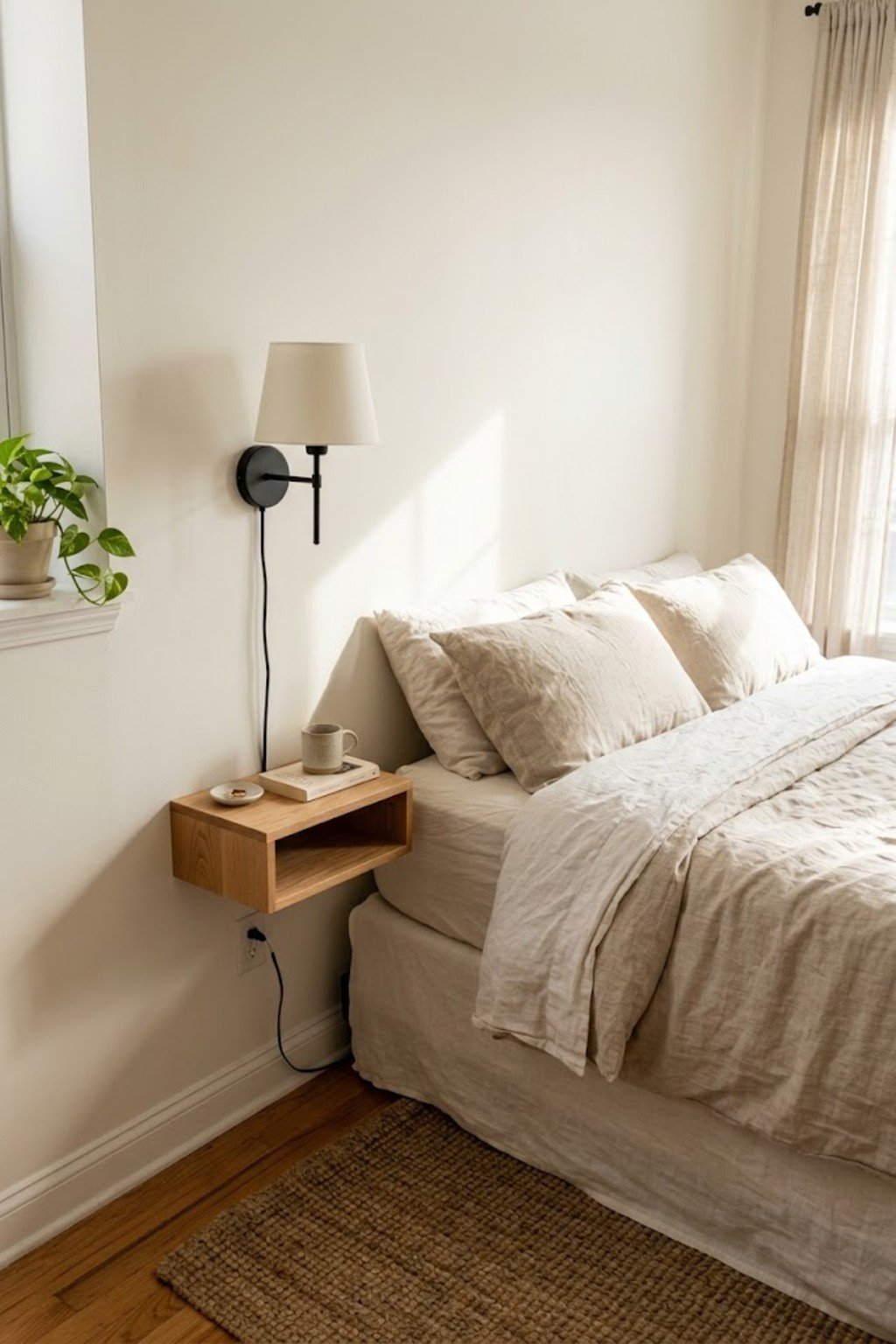 Floating wood shelf used as a nightstand next to a bed
