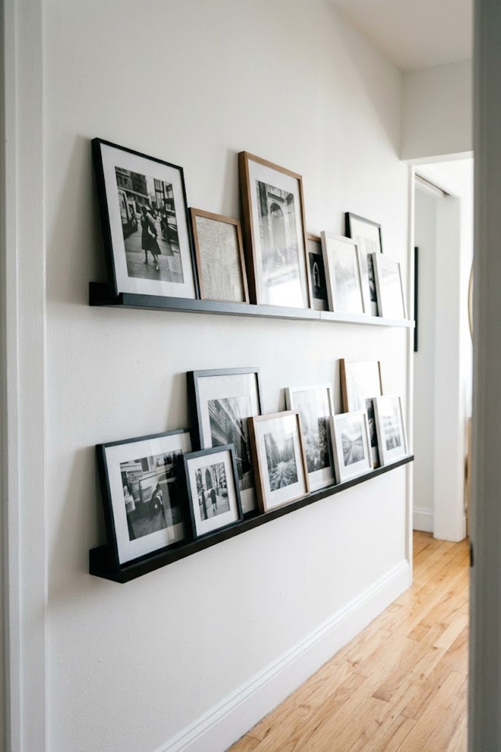 Black picture ledges displaying layered framed art in a white hallway