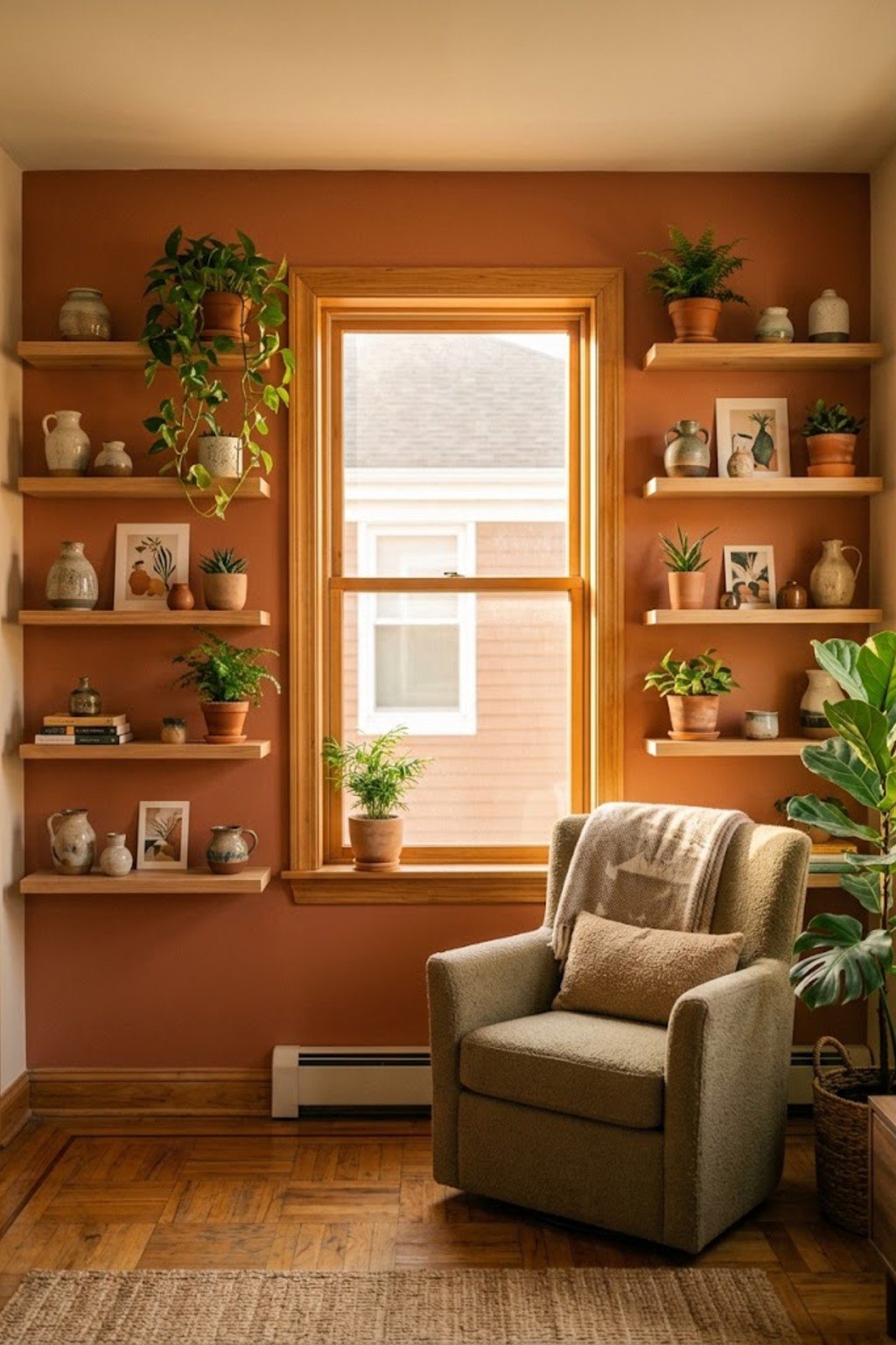 Floating shelves on both sides of a window with plants on a terracotta wall