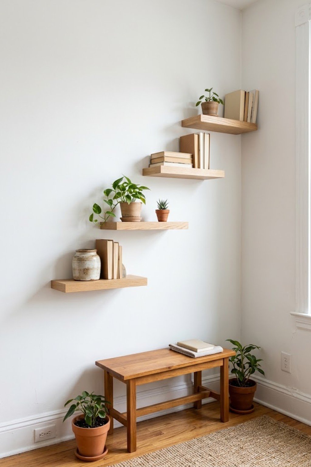Staggered light oak shelves in a step pattern above a bench