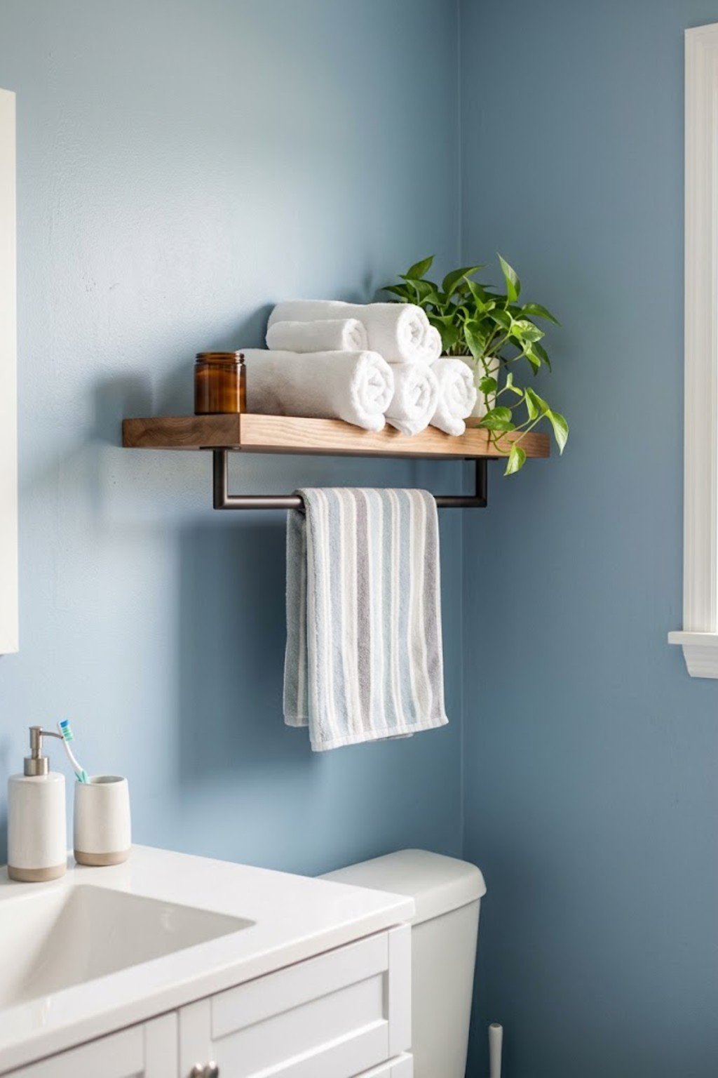 Bathroom shelf with a towel bar holding towels on a pale blue wall