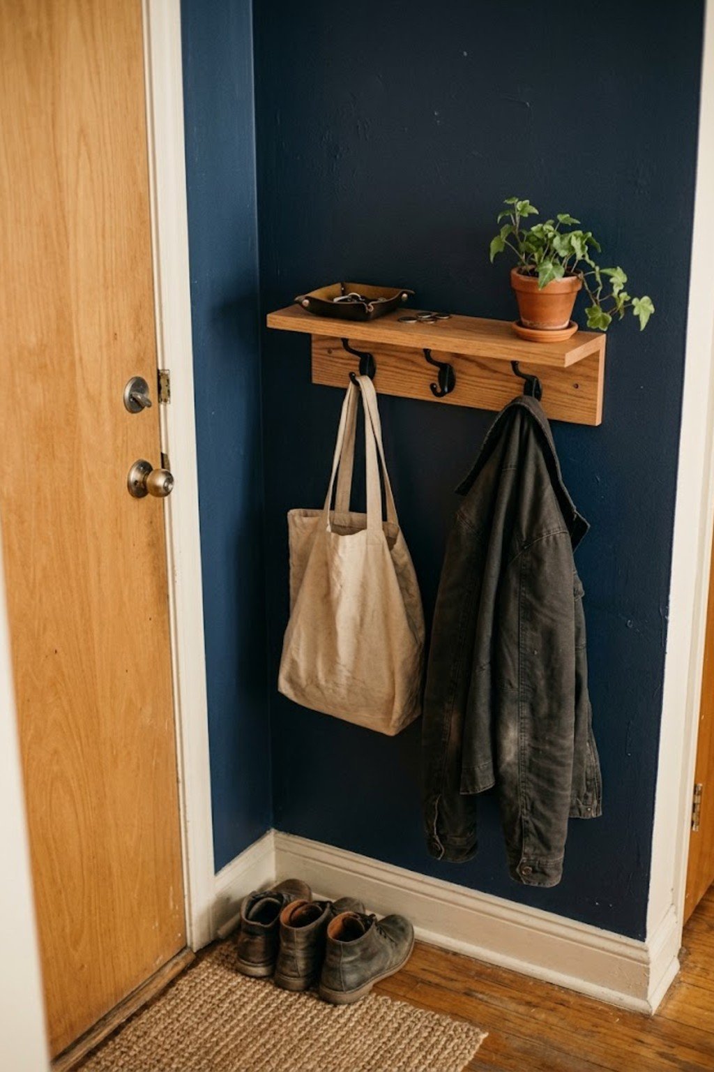 Floating shelf with hooks under it next to a front door on a navy wall