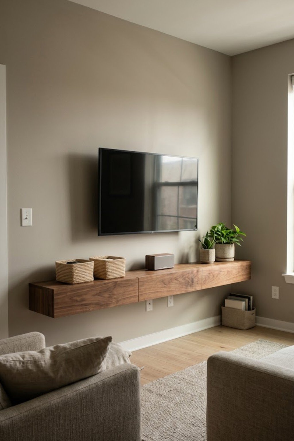 Low floating walnut shelf under a wall-mounted TV with baskets