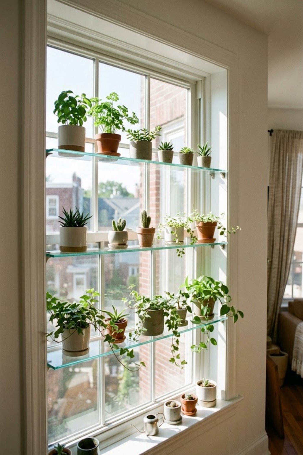 Glass shelves with potted plants across a sunny window