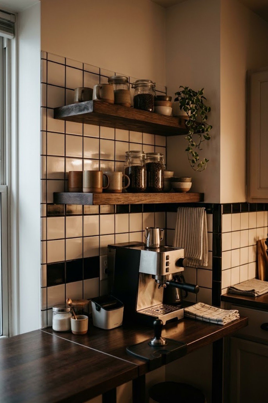 Coffee bar with two dark wood floating shelves holding mugs above an espresso machine