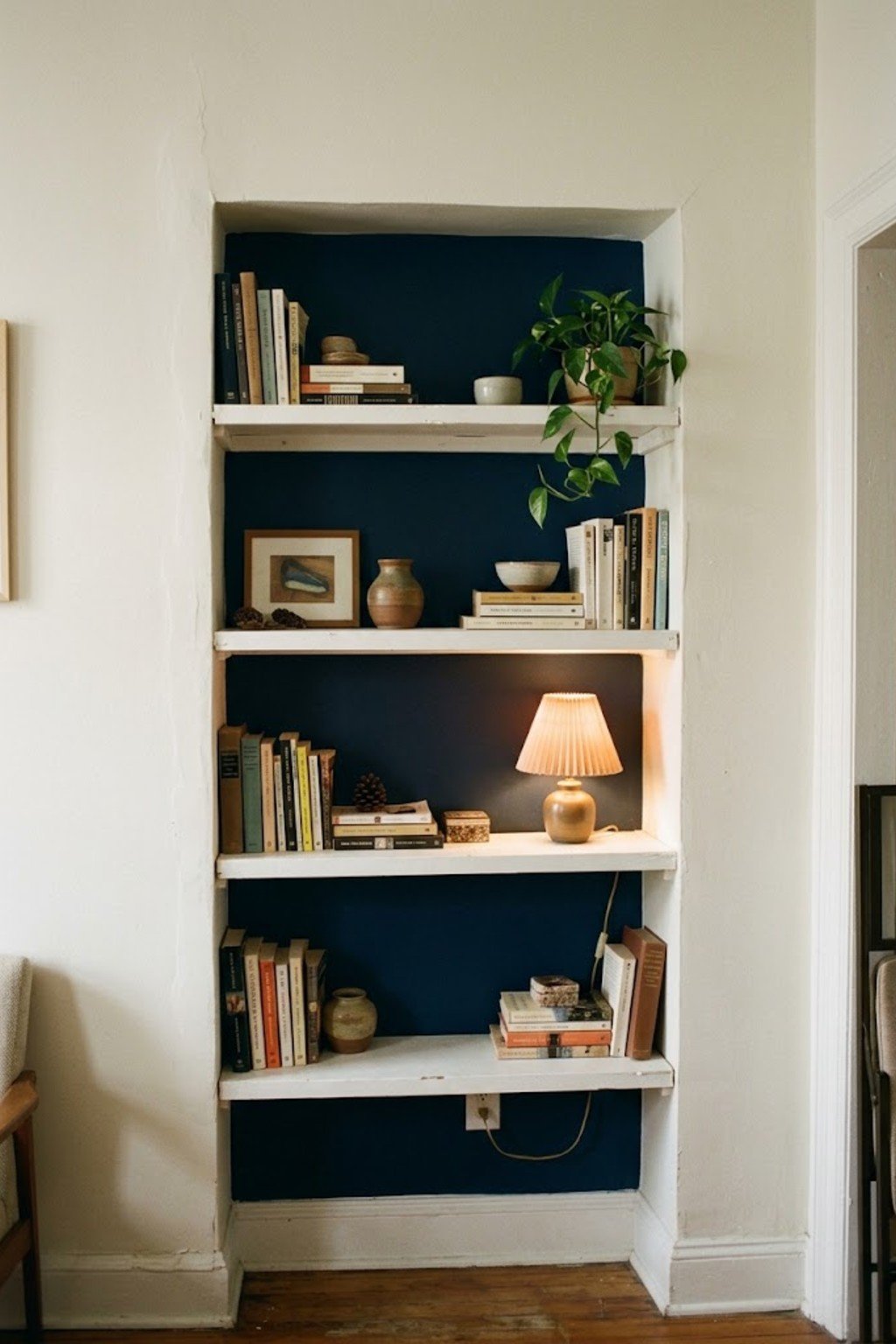 White floating shelves inside an alcove with a navy painted back wall
