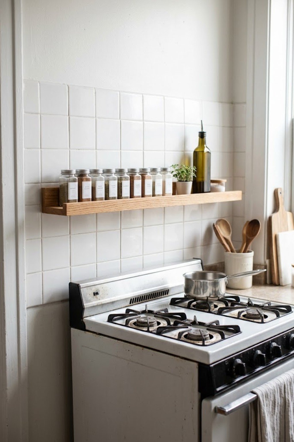 Slim wooden spice ledge with glass jars on a kitchen backsplash