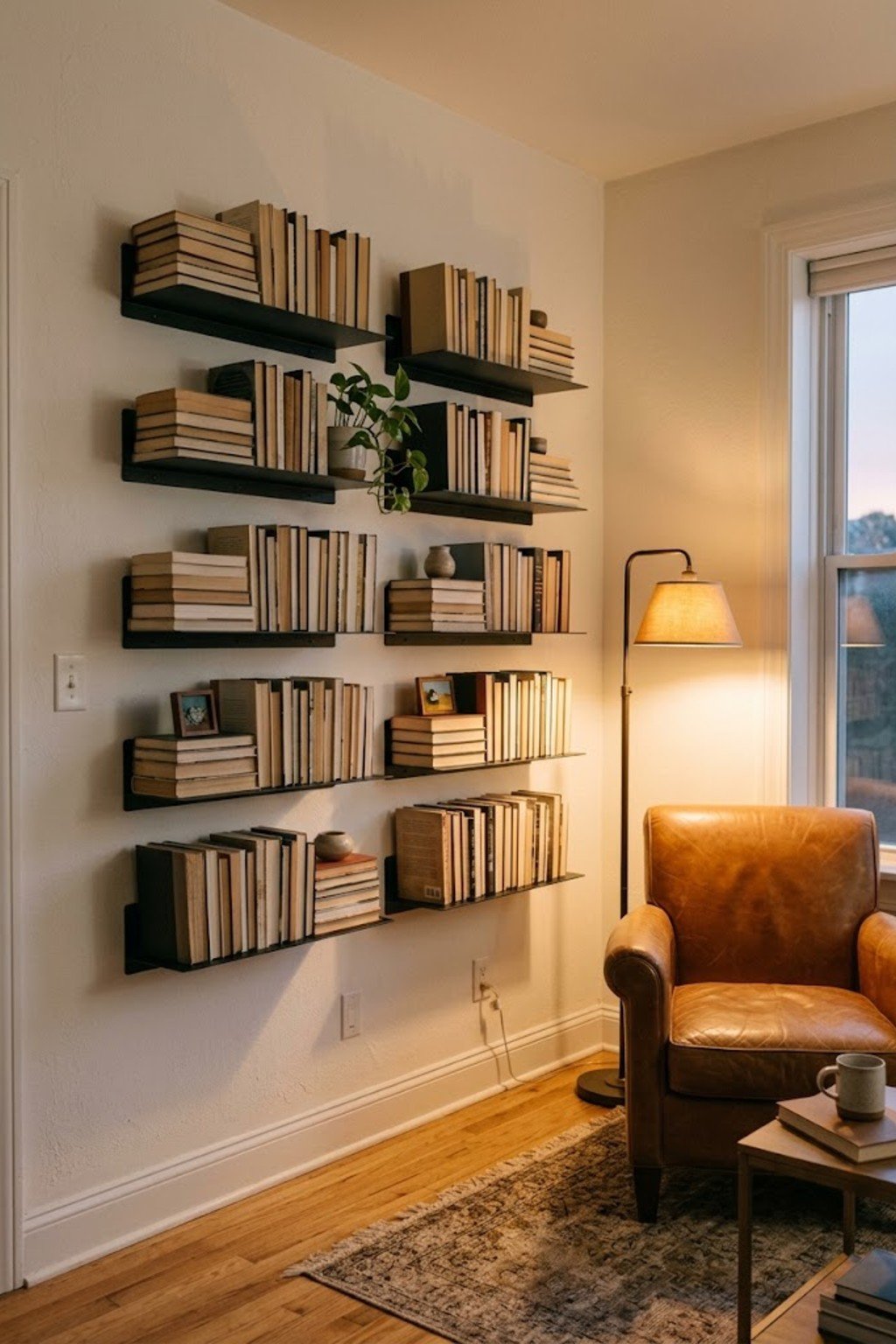 Wall of black floating bookshelves filled with books beside a leather armchair