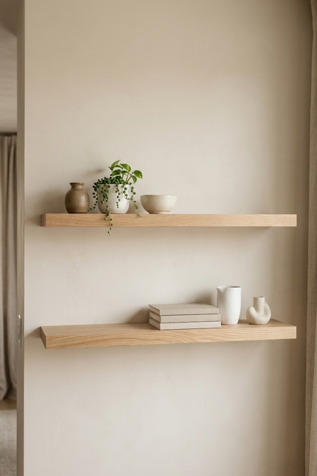 Two minimal floating shelves styled with a few items on a beige wall