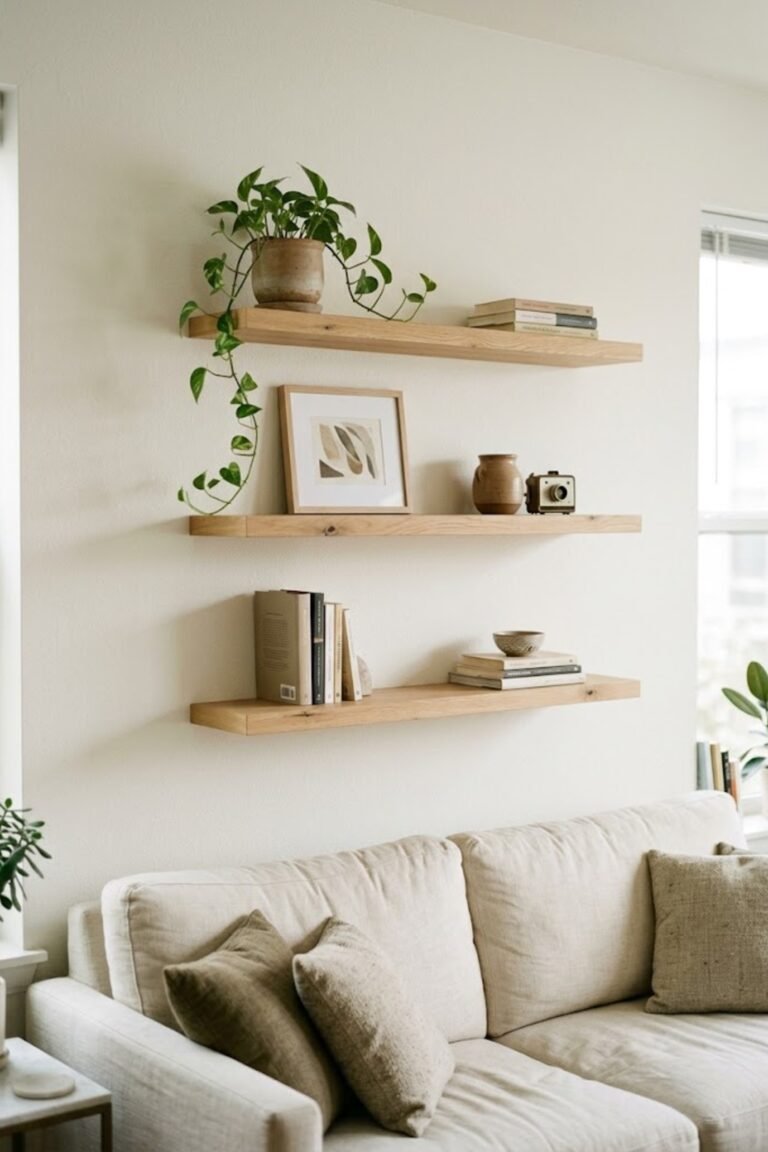 Three light oak floating shelves above a cream sofa in a small apartment living room