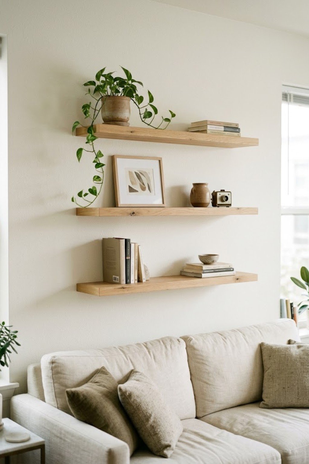 Three light oak floating shelves above a cream sofa in a small apartment living room