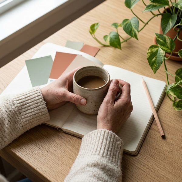 Hands holding a ceramic coffee mug over a notebook with paint swatches and a pothos plant