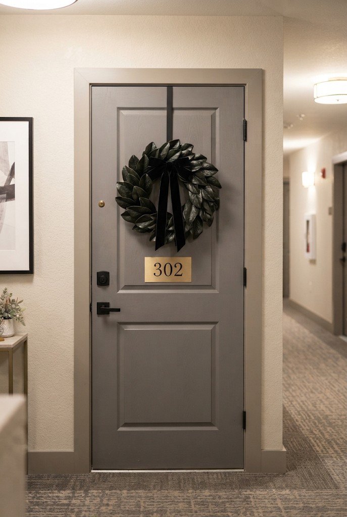 Black magnolia wreath with a velvet bow on a gray apartment door