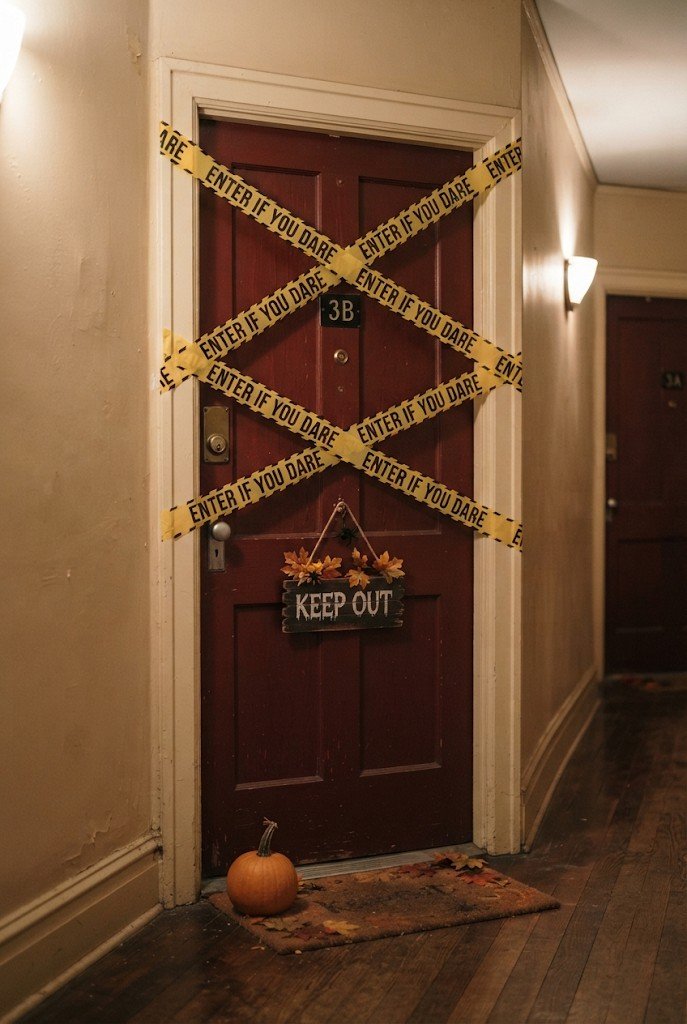 Apartment door criss-crossed with Halloween caution tape and a Keep Out sign