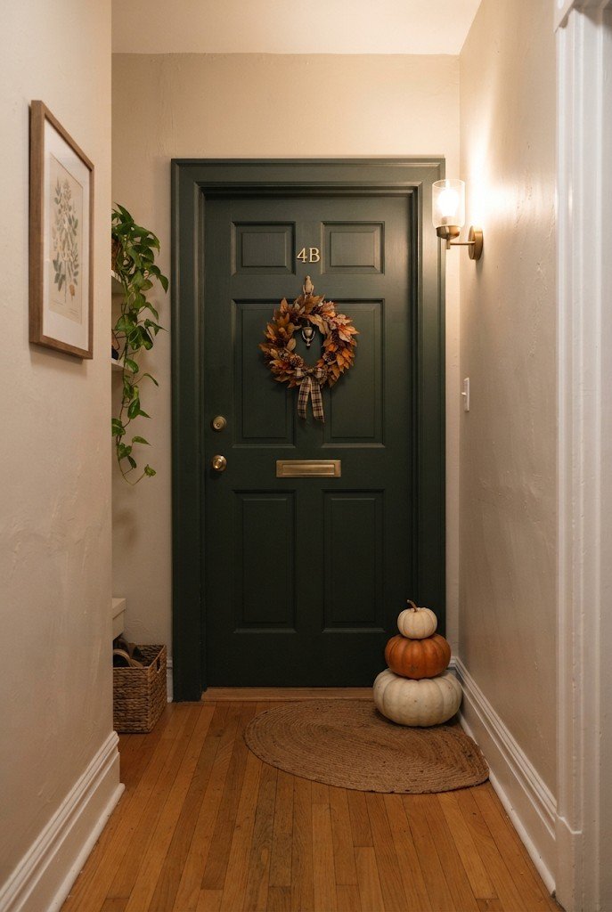 Stacked pumpkins next to an apartment door in a narrow hallway